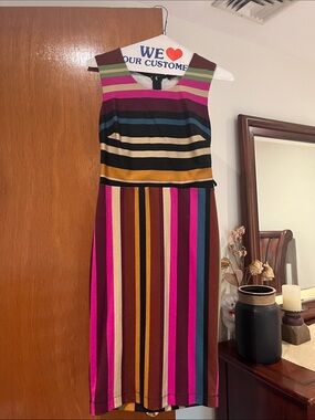 VENUS Multi-Stripe Midi Dress in Pink, Brown, Blue & Gold